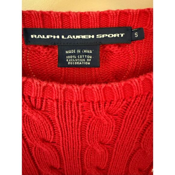 Ralph Lauren Sport Red Cable-Knit 100% Cotton Crewneck Sweater Size S - Picture 6 of 9